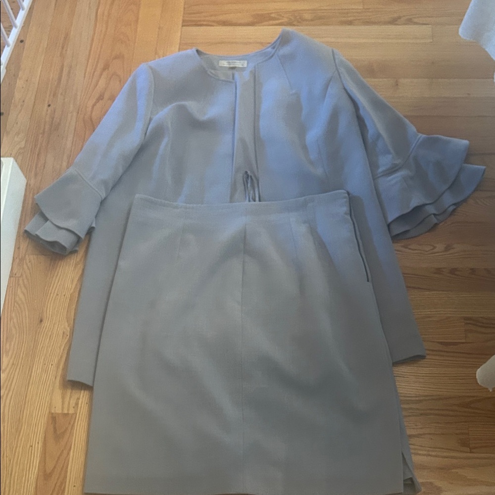 Worth Light Blue Peplum Sleeve Blazer and Skirt Set
